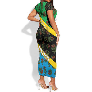 Tanzania Spice Island Short Sleeve Bodycon Dress with Clove Leaf Pattern and National Flag Colors