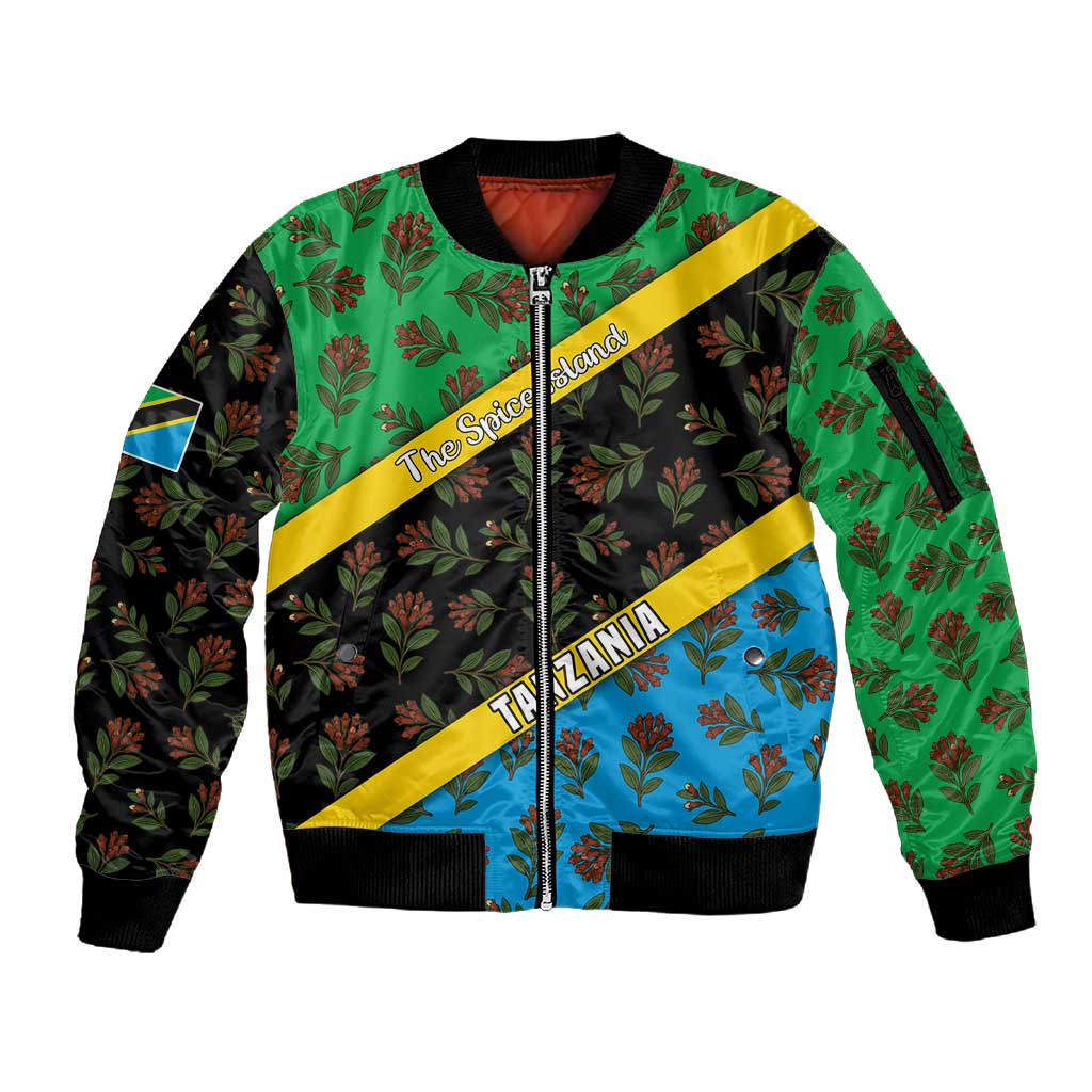 Tanzania Spice Island Sleeve Zip Bomber Jacket with Clove Leaf Pattern and National Flag Colors