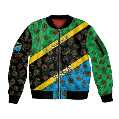 Tanzania Spice Island Sleeve Zip Bomber Jacket with Clove Leaf Pattern and National Flag Colors
