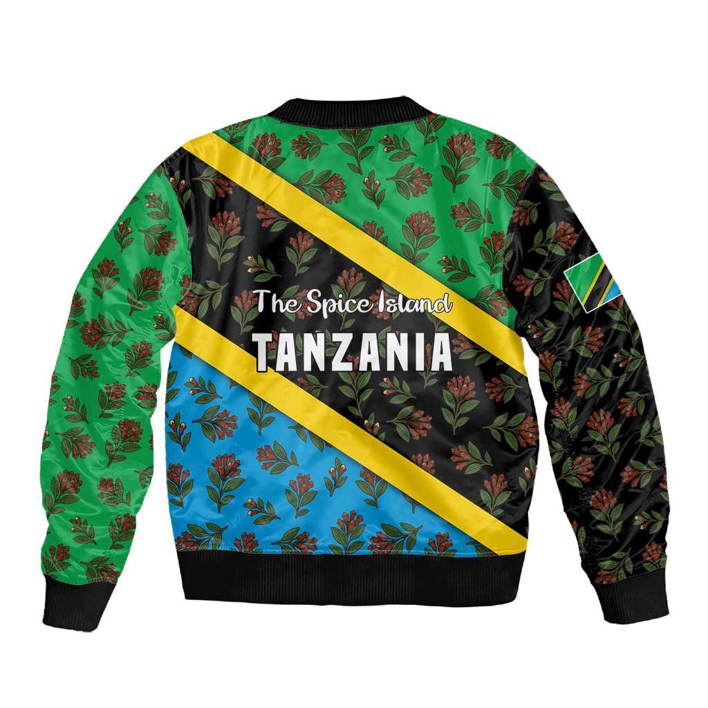 Tanzania Spice Island Sleeve Zip Bomber Jacket with Clove Leaf Pattern and National Flag Colors