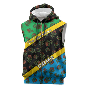 Tanzania Spice Island Sleeveless Zip Hoodie with Clove Leaf Pattern and National Flag Colors - African Pride