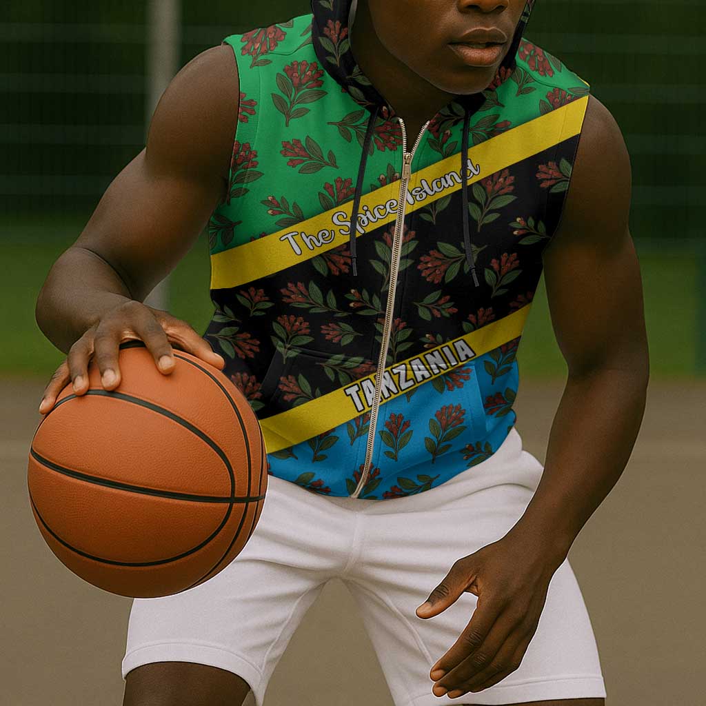 Tanzania Spice Island Sleeveless Zip Hoodie with Clove Leaf Pattern and National Flag Colors - African Pride