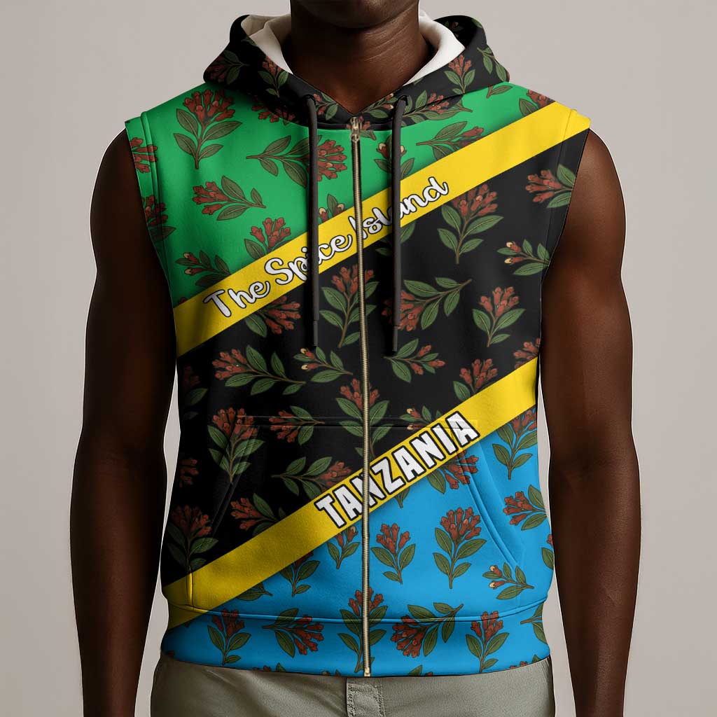 Tanzania Spice Island Sleeveless Zip Hoodie with Clove Leaf Pattern and National Flag Colors - African Pride