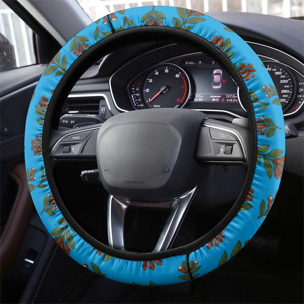 Tanzania Spice Island Steering Wheel Cover with Clove Leaf Pattern and National Flag Colors