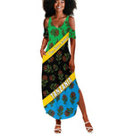 Tanzania Spice Island Summer Maxi Dress with Clove Leaf Pattern and National Flag Colors