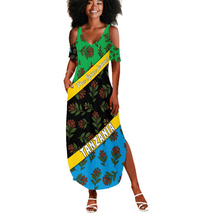 Tanzania Spice Island Summer Maxi Dress with Clove Leaf Pattern and National Flag Colors