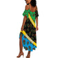 Tanzania Spice Island Summer Maxi Dress with Clove Leaf Pattern and National Flag Colors