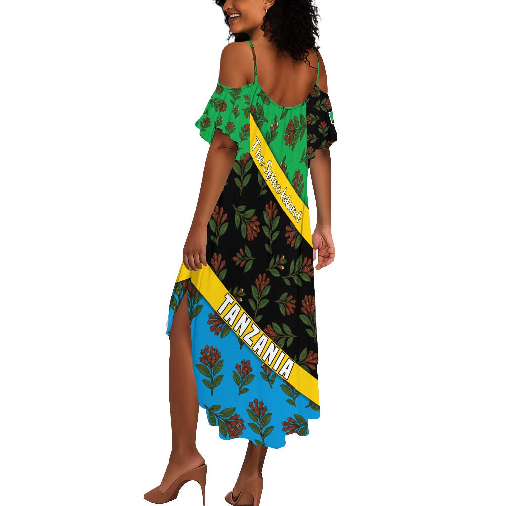 Tanzania Spice Island Summer Maxi Dress with Clove Leaf Pattern and National Flag Colors