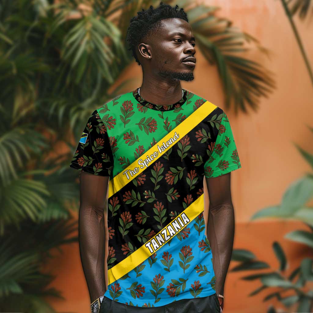Tanzania Spice Island T shirt with Clove Leaf Pattern and National Flag Colors