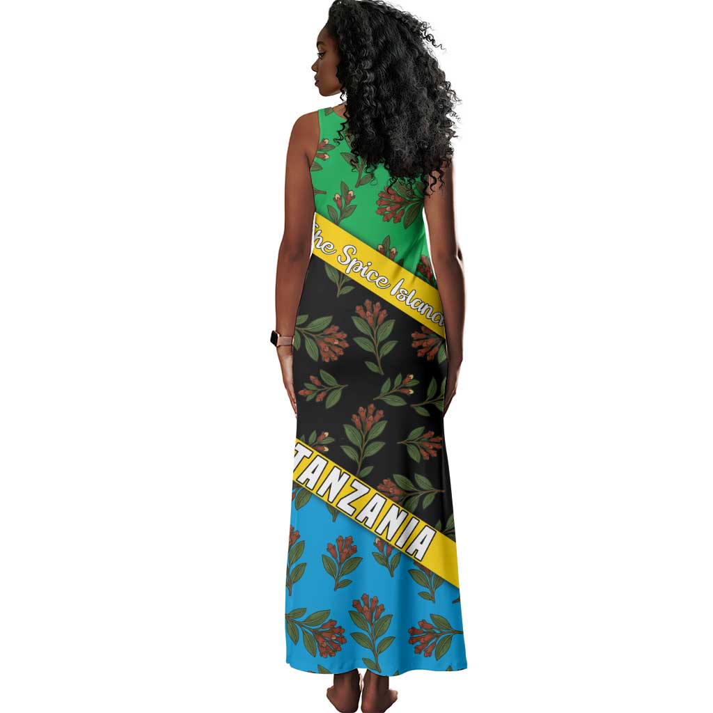 Tanzania Spice Island Tank Maxi Dress with Clove Leaf Pattern and National Flag Colors
