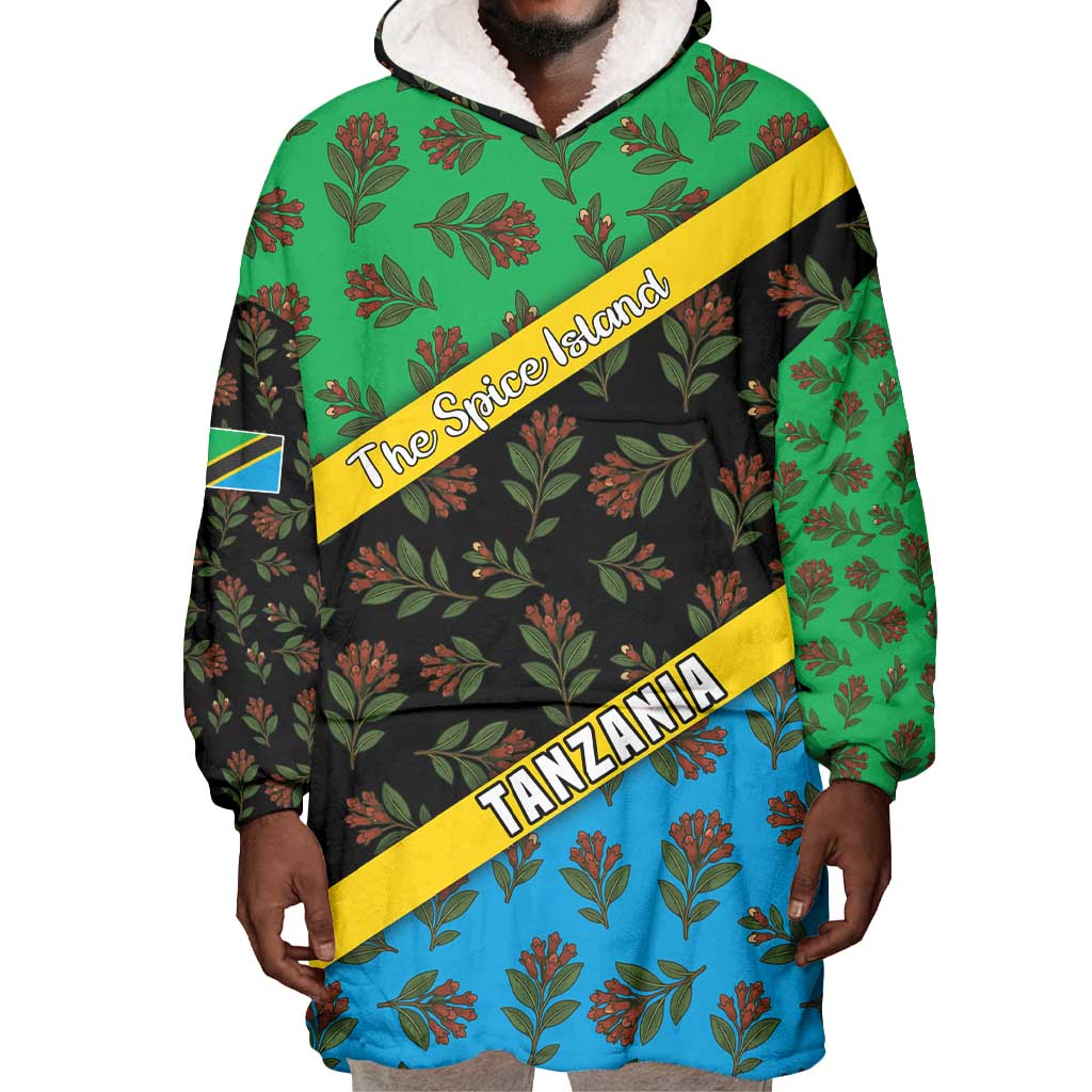 Tanzania Spice Island Wearable Blanket Hoodie with Clove Leaf Pattern and National Flag Colors