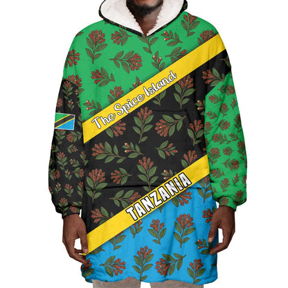 Tanzania Spice Island Wearable Blanket Hoodie with Clove Leaf Pattern and National Flag Colors