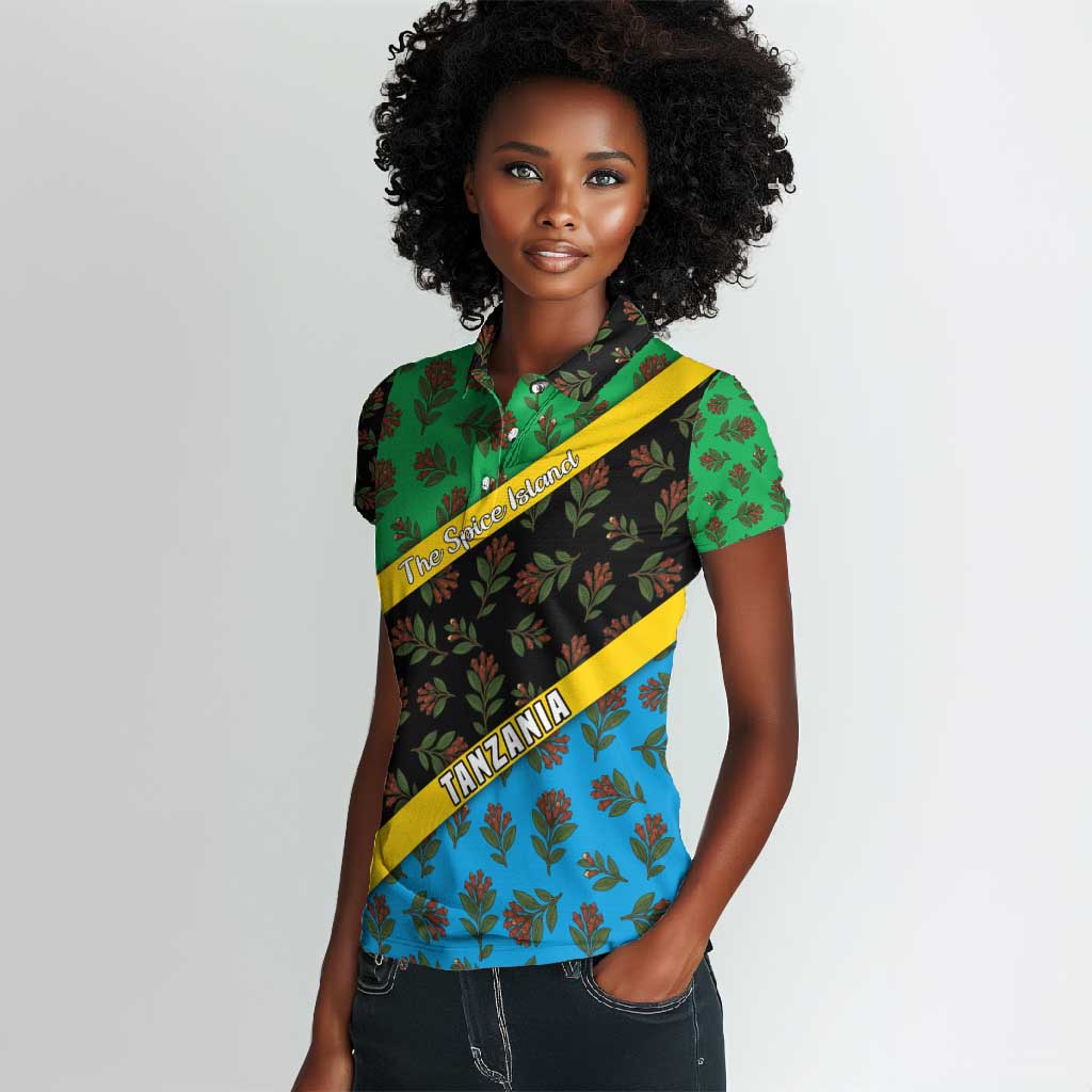 Tanzania Spice Island Women Polo Shirt with Clove Leaf Pattern and National Flag Colors