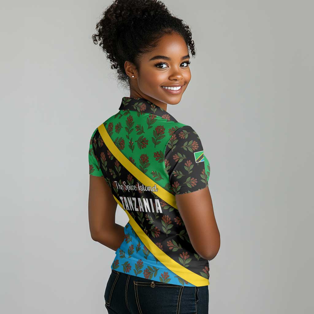 Tanzania Spice Island Women Polo Shirt with Clove Leaf Pattern and National Flag Colors