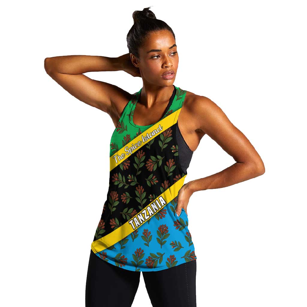 Tanzania Spice Island Women Racerback Tank with Clove Leaf Pattern and National Flag Colors
