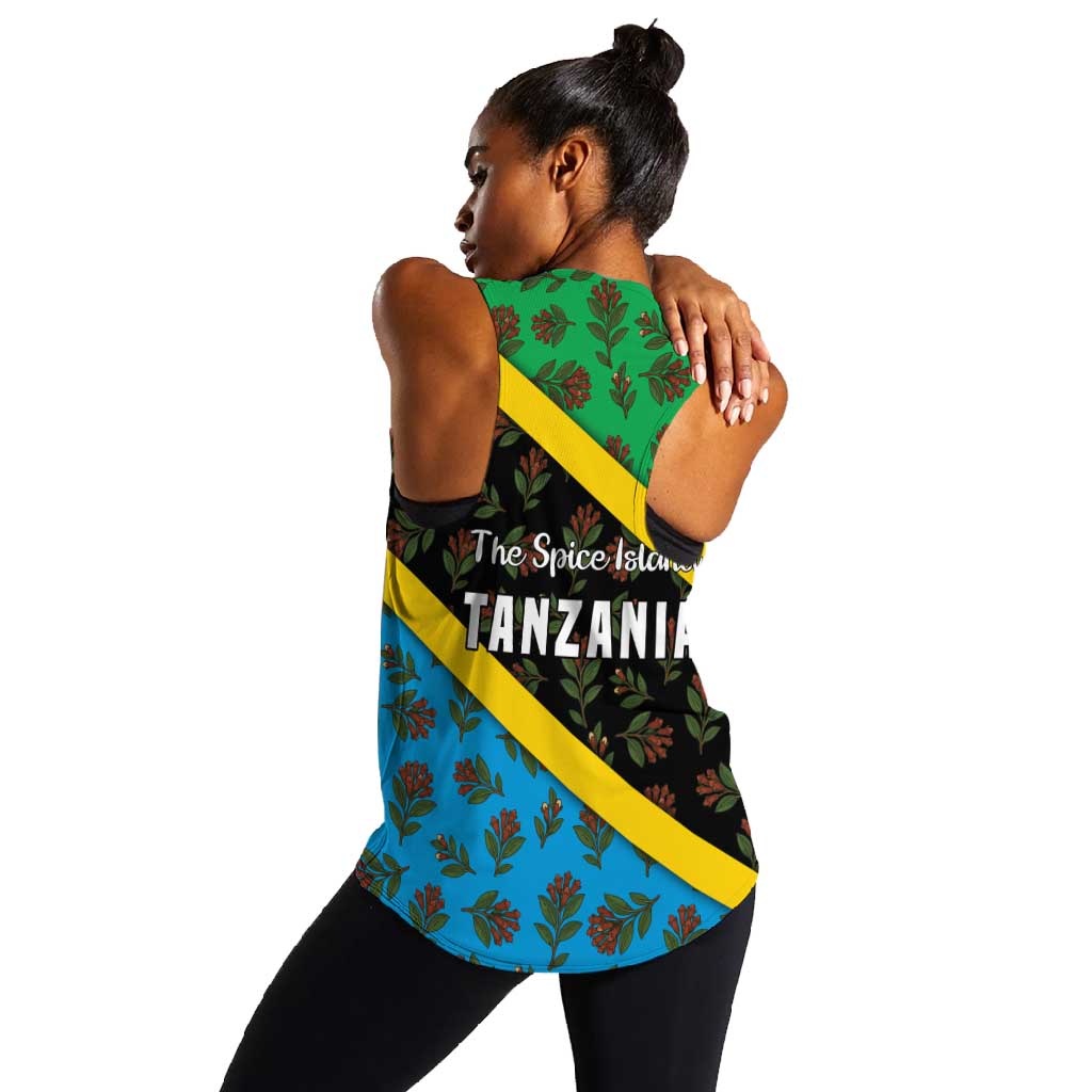 Tanzania Spice Island Women Racerback Tank with Clove Leaf Pattern and National Flag Colors