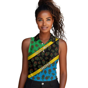 Tanzania Spice Island Women Sleeveless Polo Shirt with Clove Leaf Pattern and National Flag Colors