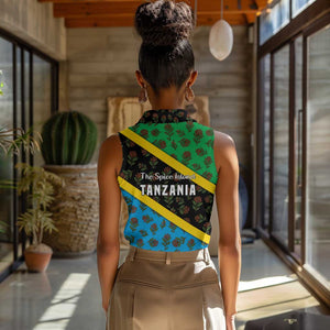 Tanzania Spice Island Women Sleeveless Polo Shirt with Clove Leaf Pattern and National Flag Colors