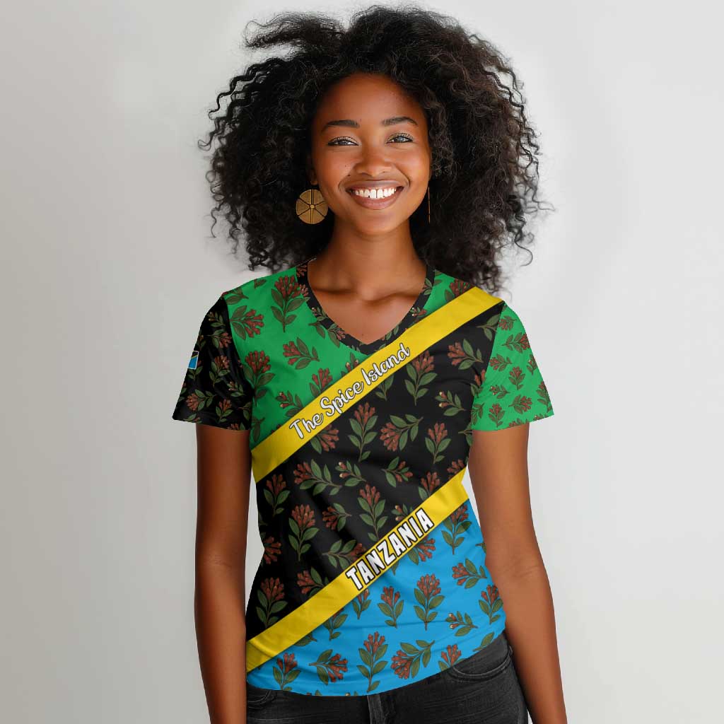 Tanzania Spice Island Women V-Neck T-Shirt with Clove Leaf Pattern and National Flag Colors