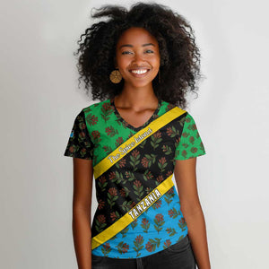 Tanzania Spice Island Women V-Neck T-Shirt with Clove Leaf Pattern and National Flag Colors