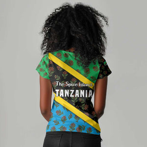 Tanzania Spice Island Women V-Neck T-Shirt with Clove Leaf Pattern and National Flag Colors