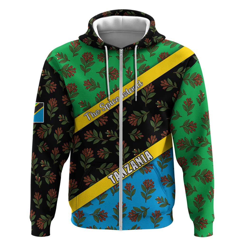 Tanzania Spice Island Zip Hoodie with Clove Leaf Pattern and National Flag Colors