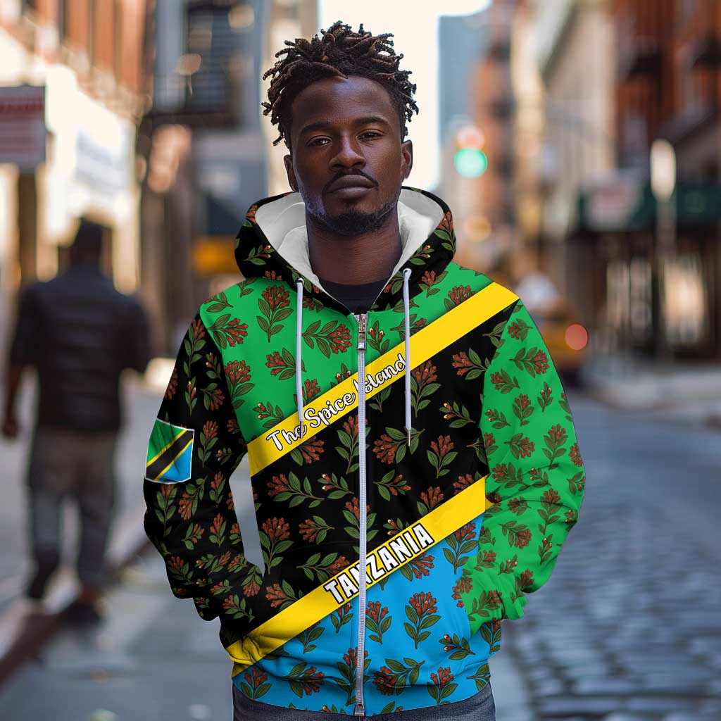 Tanzania Spice Island Zip Hoodie with Clove Leaf Pattern and National Flag Colors