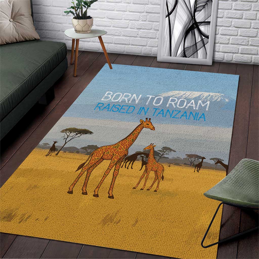 Tanzania Safari Giraffe Area Rug - Tribal Patterns and Mount Kilimanjaro Scene