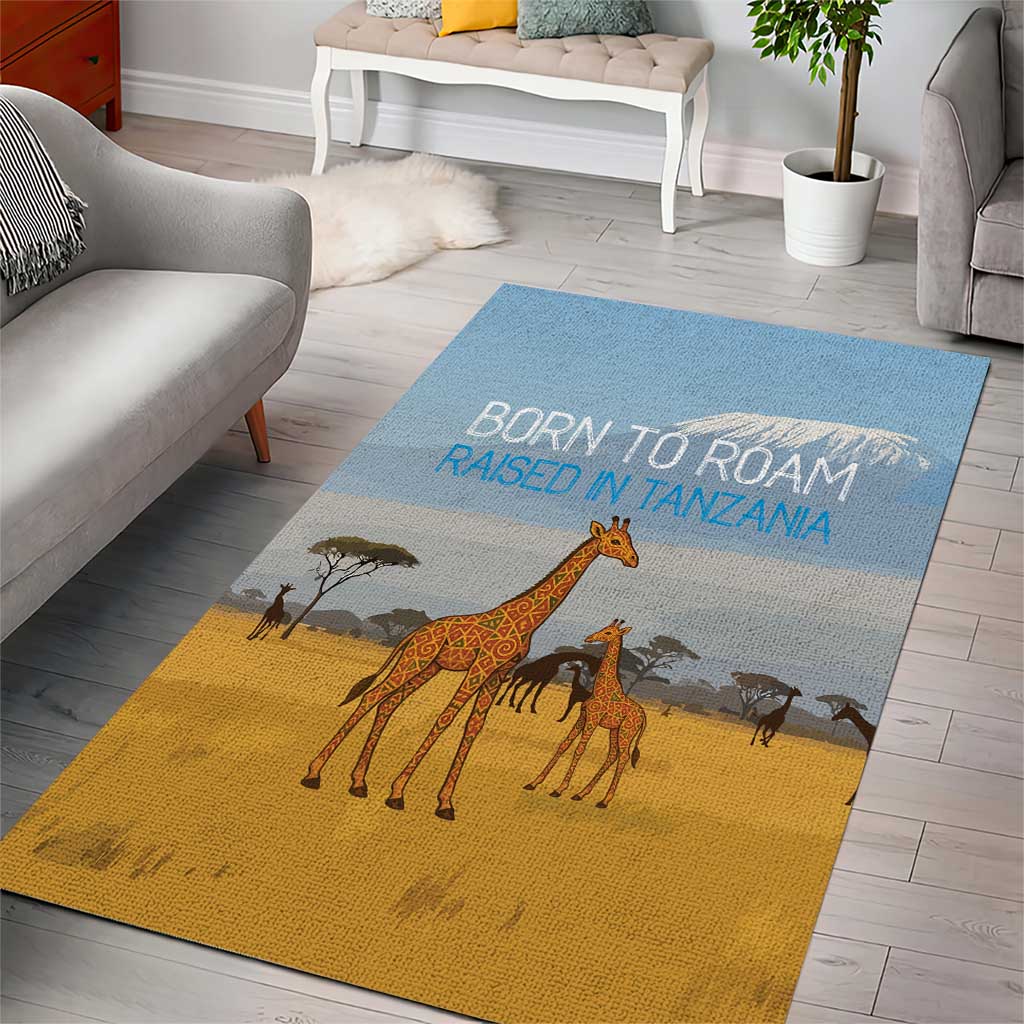Tanzania Safari Giraffe Area Rug - Tribal Patterns and Mount Kilimanjaro Scene