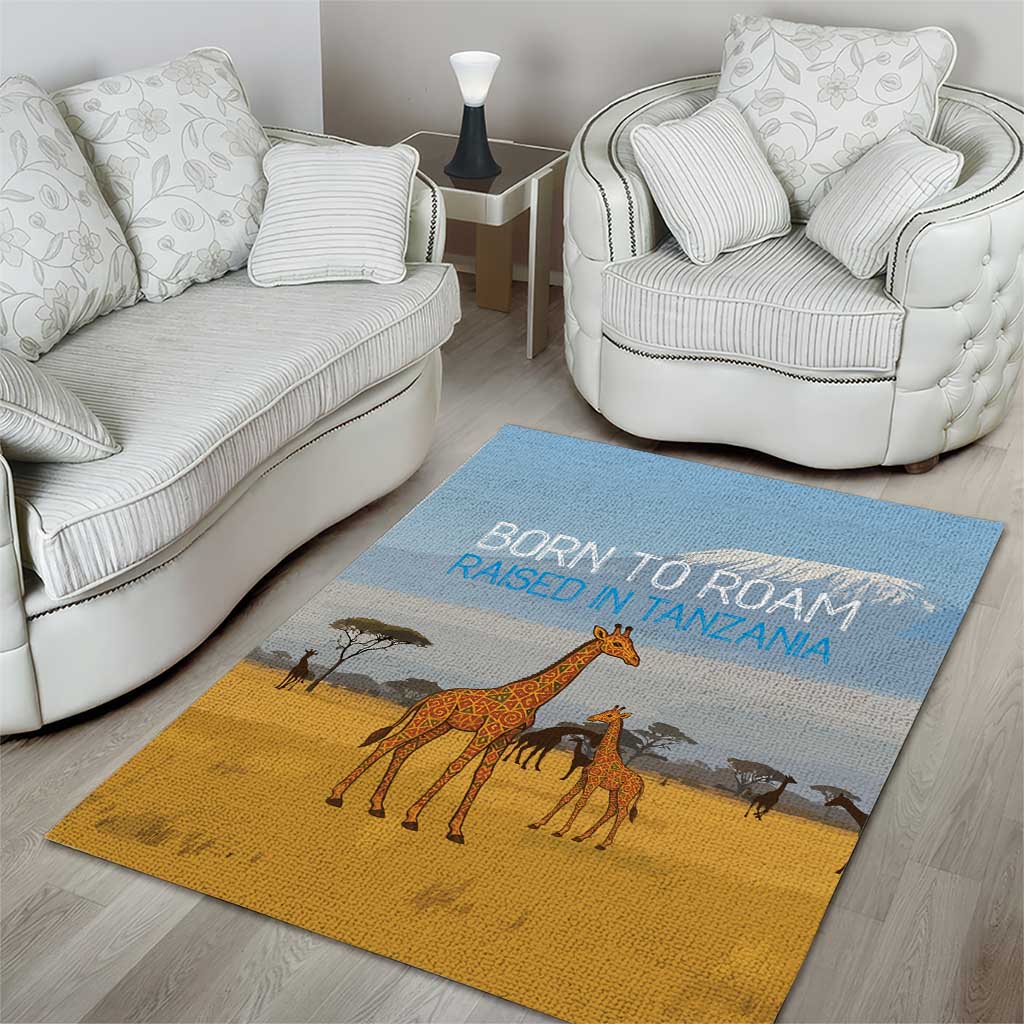 Tanzania Safari Giraffe Area Rug - Tribal Patterns and Mount Kilimanjaro Scene