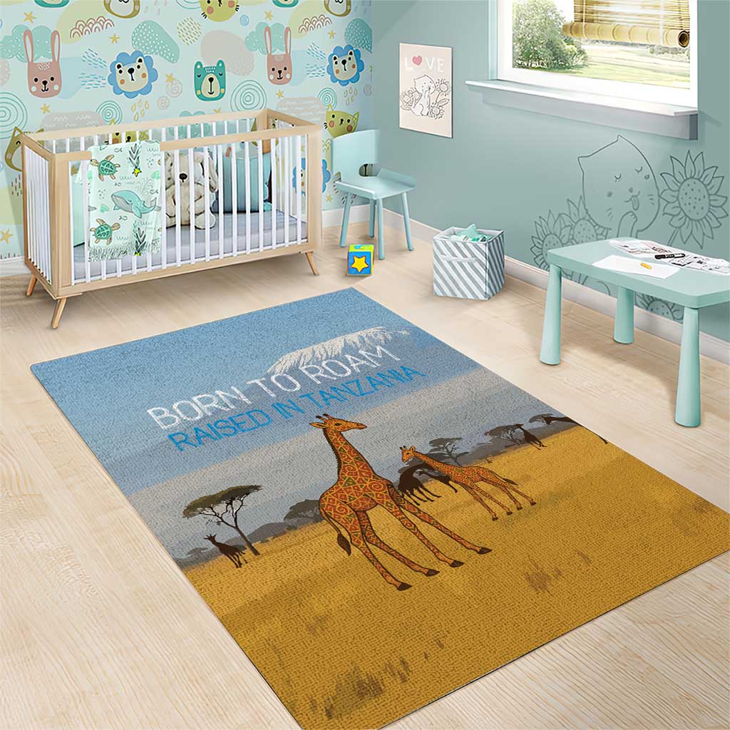 Tanzania Safari Giraffe Area Rug - Tribal Patterns and Mount Kilimanjaro Scene