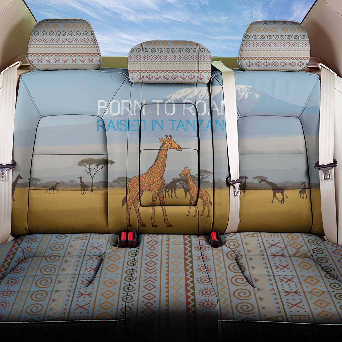 Tanzania Safari Giraffe Back Car Seat Cover - Tribal Patterns and Mount Kilimanjaro Scene