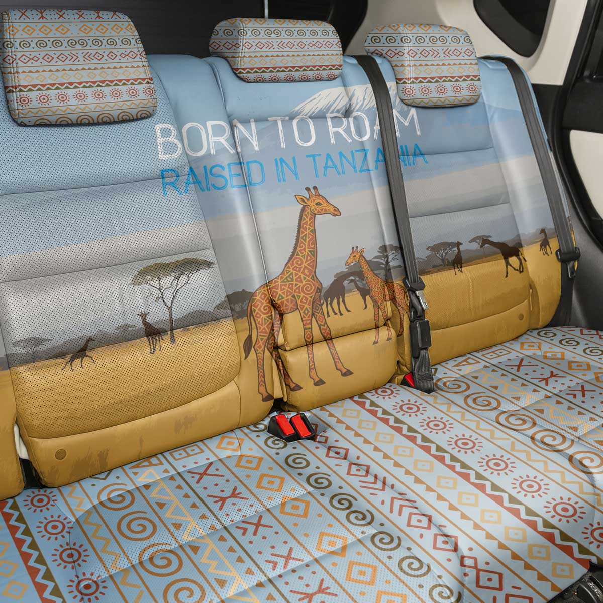 Tanzania Safari Giraffe Back Car Seat Cover - Tribal Patterns and Mount Kilimanjaro Scene