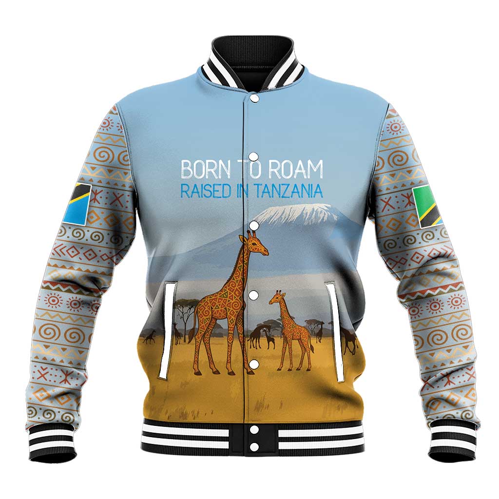Tanzania Safari Giraffe Baseball Jacket - Tribal Patterns and Mount Kilimanjaro Scene