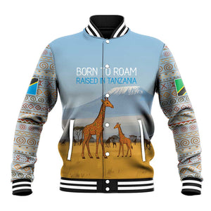 Tanzania Safari Giraffe Baseball Jacket - Tribal Patterns and Mount Kilimanjaro Scene
