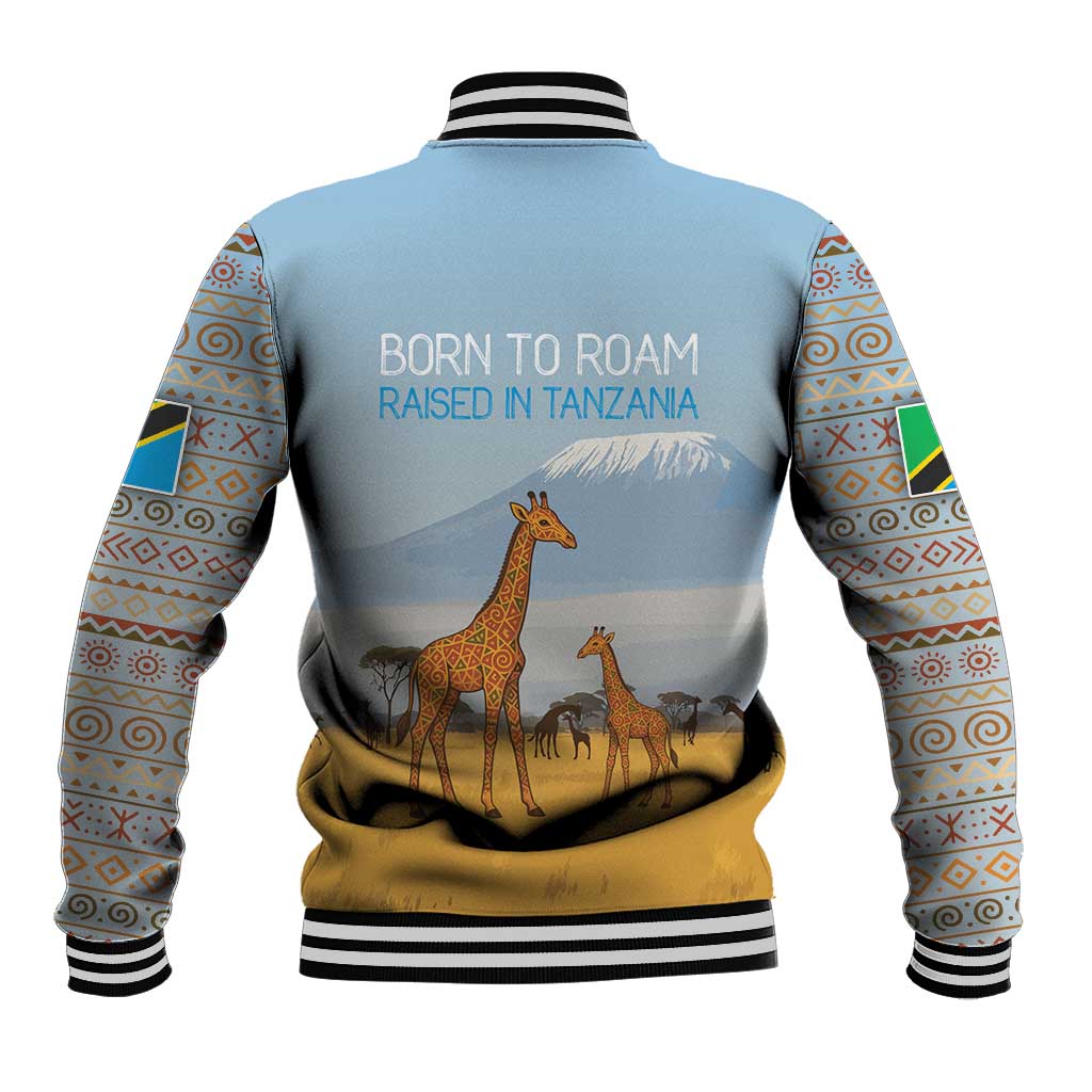 Tanzania Safari Giraffe Baseball Jacket - Tribal Patterns and Mount Kilimanjaro Scene