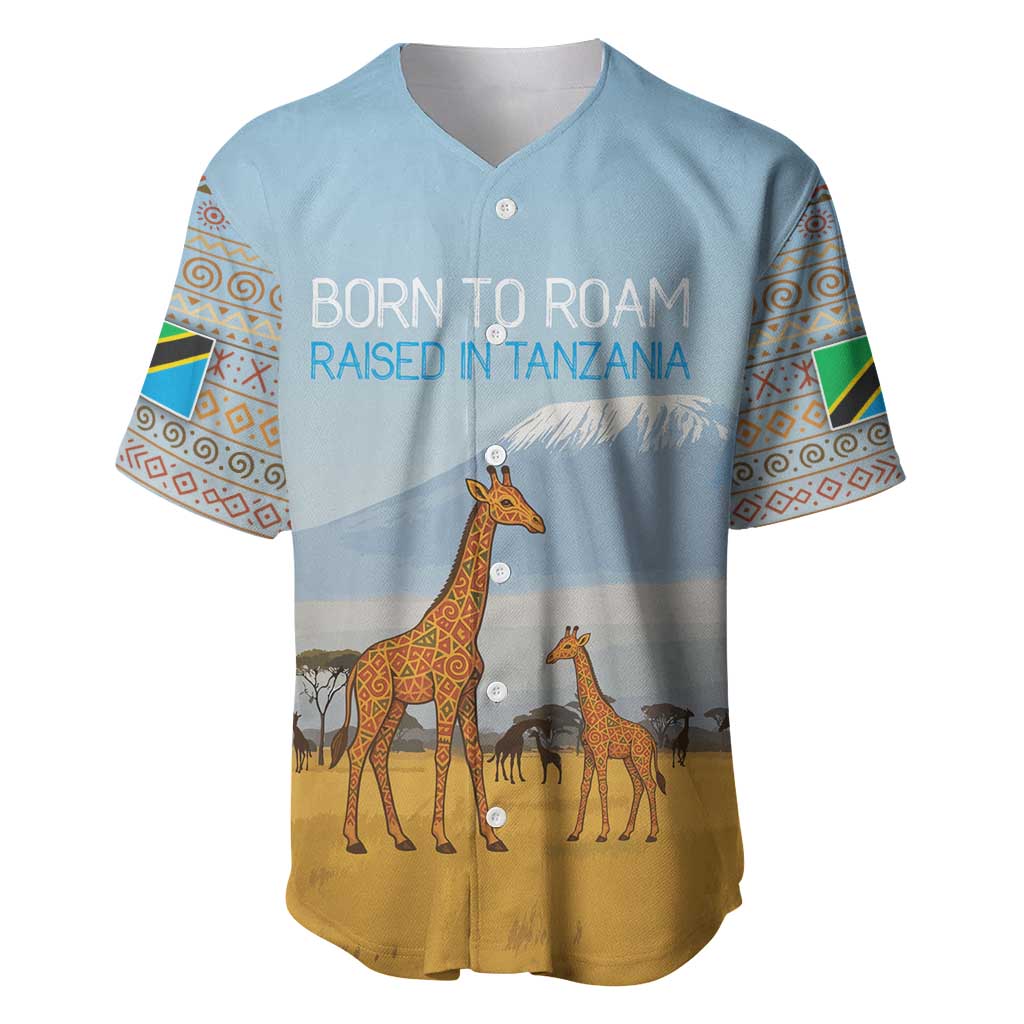 Tanzania Safari Giraffe Baseball Jersey - Tribal Patterns and Mount Kilimanjaro Scene