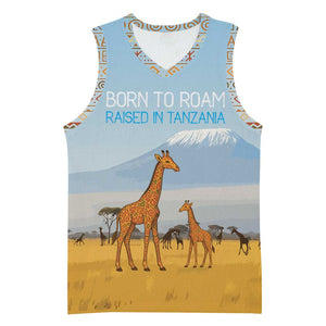 Tanzania Safari Giraffe Basketball Jersey - Tribal Patterns and Mount Kilimanjaro Scene - African Pride
