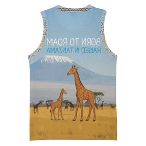 Tanzania Safari Giraffe Basketball Jersey - Tribal Patterns and Mount Kilimanjaro Scene - African Pride