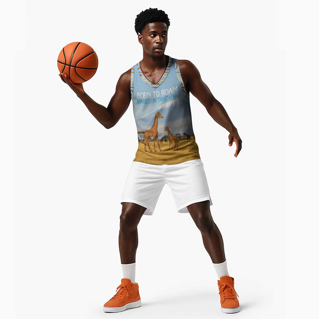 Tanzania Safari Giraffe Basketball Jersey - Tribal Patterns and Mount Kilimanjaro Scene - African Pride