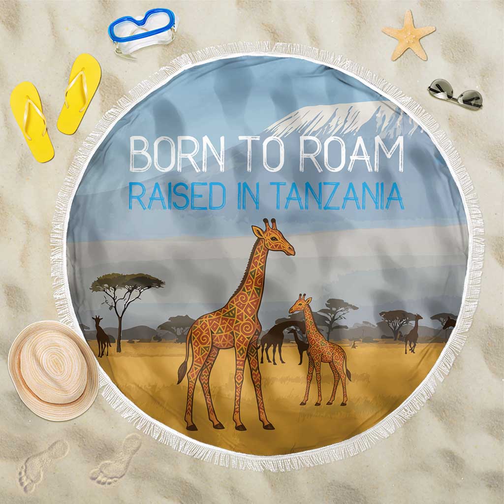 Tanzania Safari Giraffe Beach Blanket - Tribal Patterns and Mount Kilimanjaro Scene