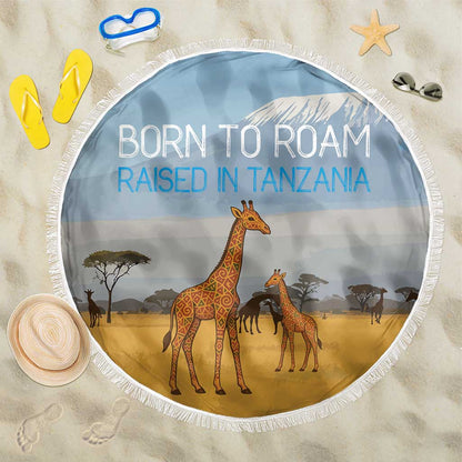 Tanzania Safari Giraffe Beach Blanket - Tribal Patterns and Mount Kilimanjaro Scene