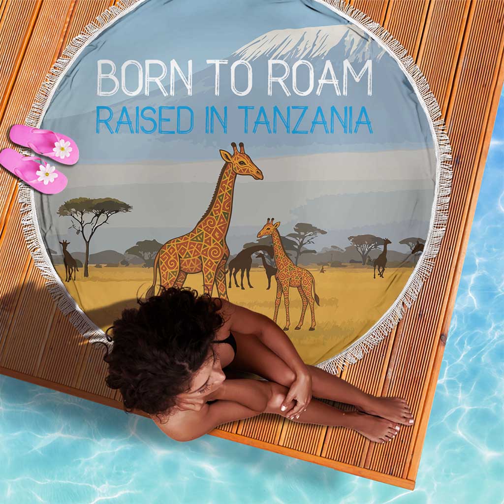 Tanzania Safari Giraffe Beach Blanket - Tribal Patterns and Mount Kilimanjaro Scene