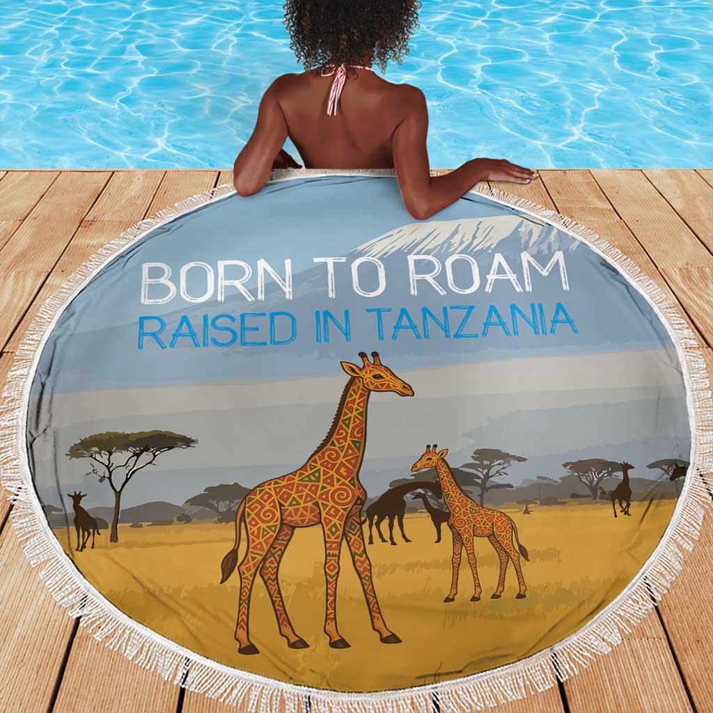 Tanzania Safari Giraffe Beach Blanket - Tribal Patterns and Mount Kilimanjaro Scene