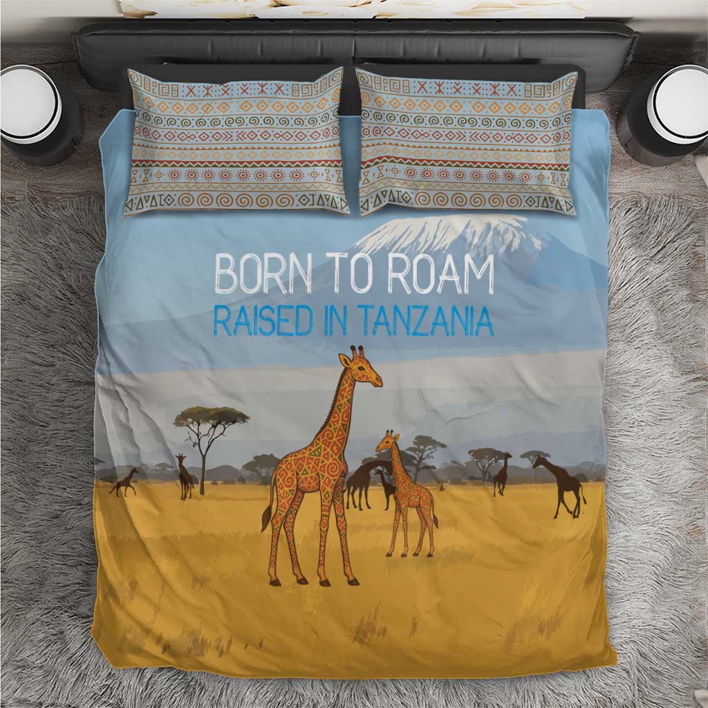 Tanzania Safari Giraffe Bedding Set - Tribal Patterns and Mount Kilimanjaro Scene
