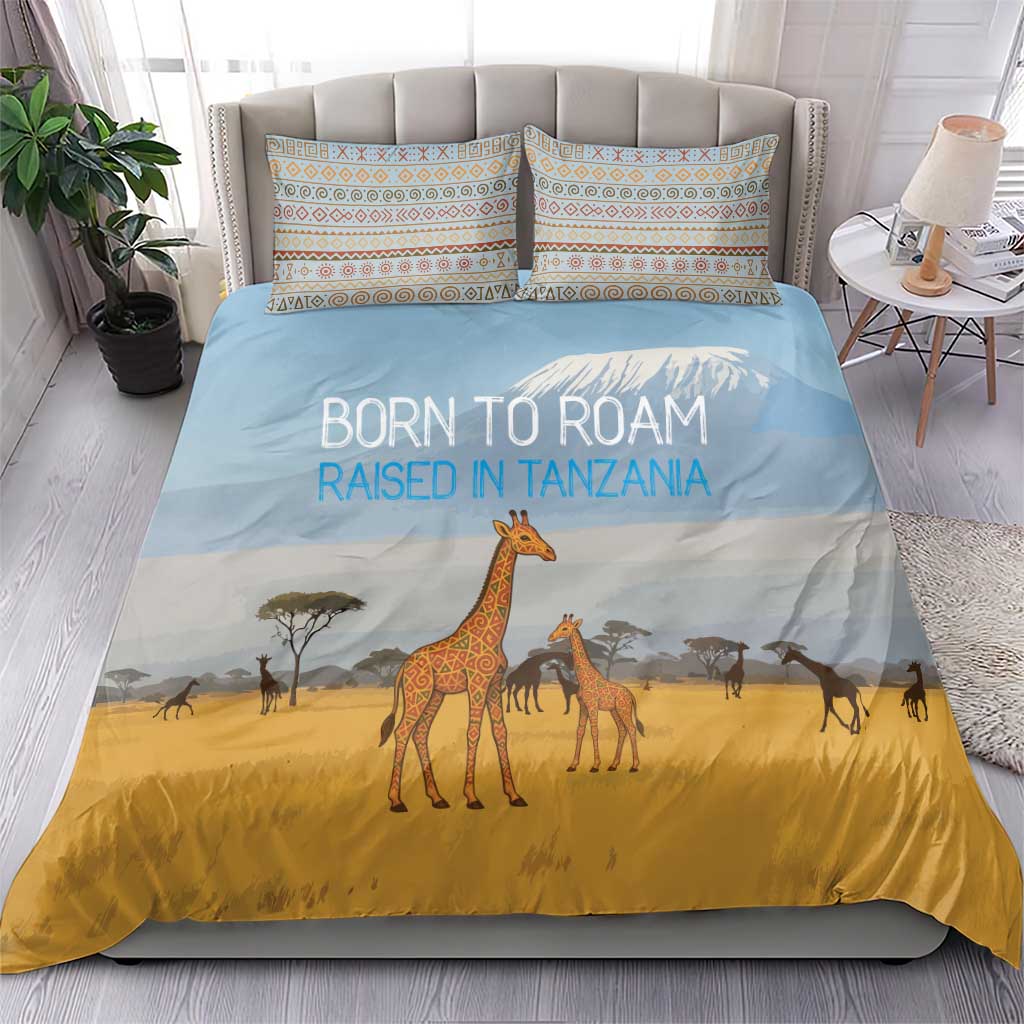 Tanzania Safari Giraffe Bedding Set - Tribal Patterns and Mount Kilimanjaro Scene