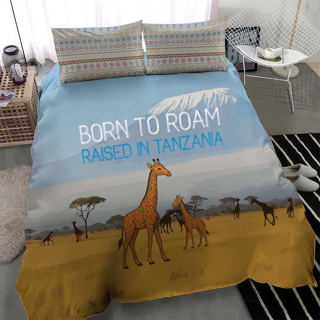 Tanzania Safari Giraffe Bedding Set - Tribal Patterns and Mount Kilimanjaro Scene