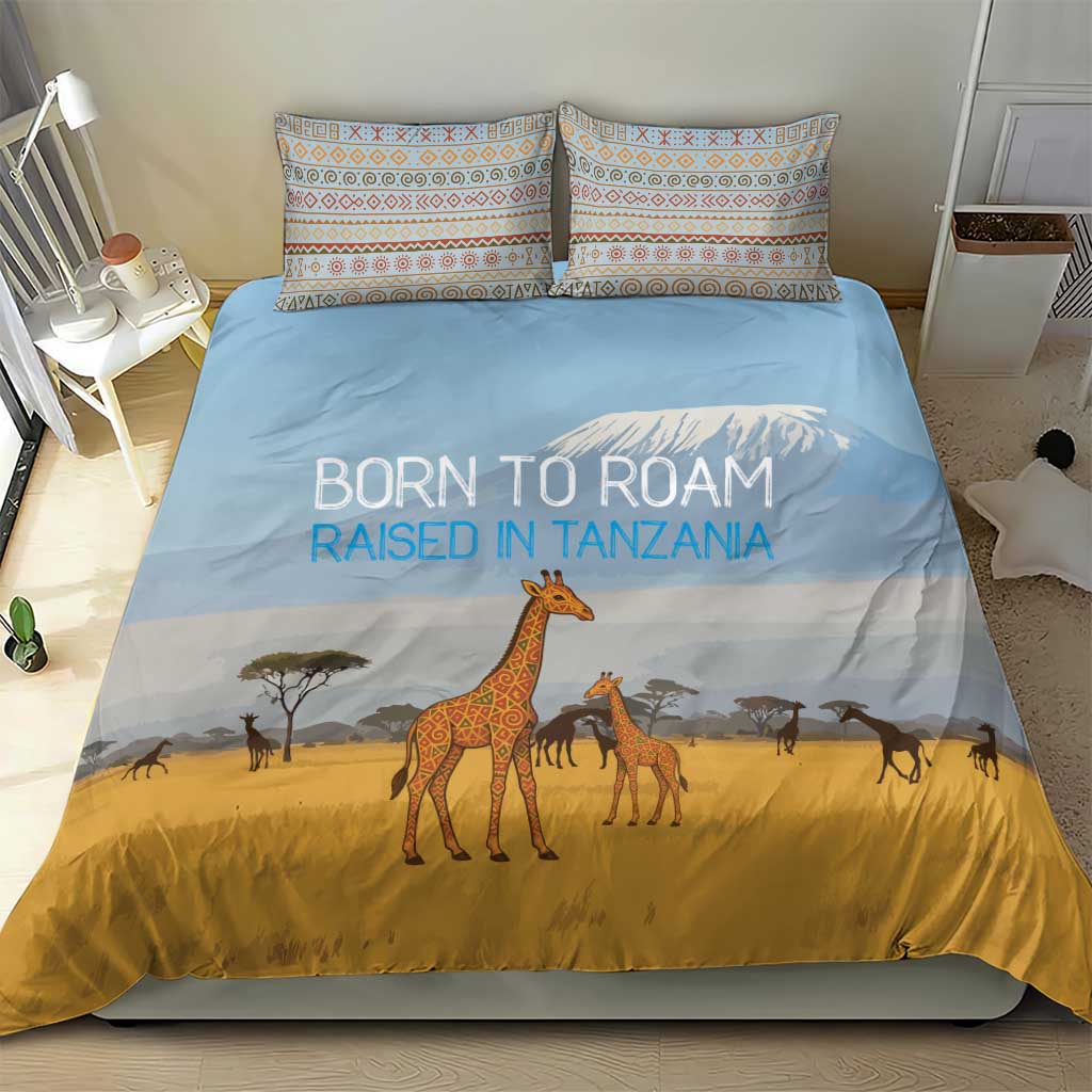 Tanzania Safari Giraffe Bedding Set - Tribal Patterns and Mount Kilimanjaro Scene