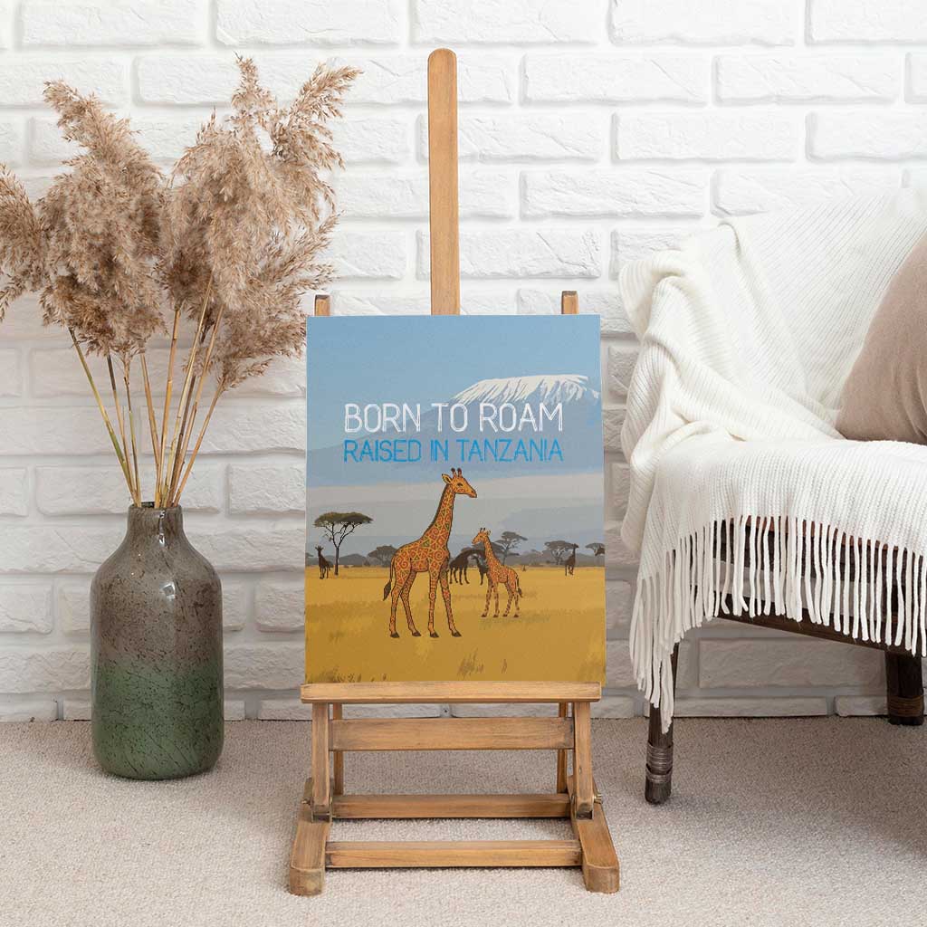 Tanzania Safari Giraffe Canvas Wall Art - Tribal Patterns and Mount Kilimanjaro Scene