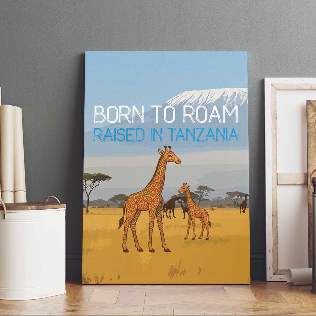 Tanzania Safari Giraffe Canvas Wall Art - Tribal Patterns and Mount Kilimanjaro Scene